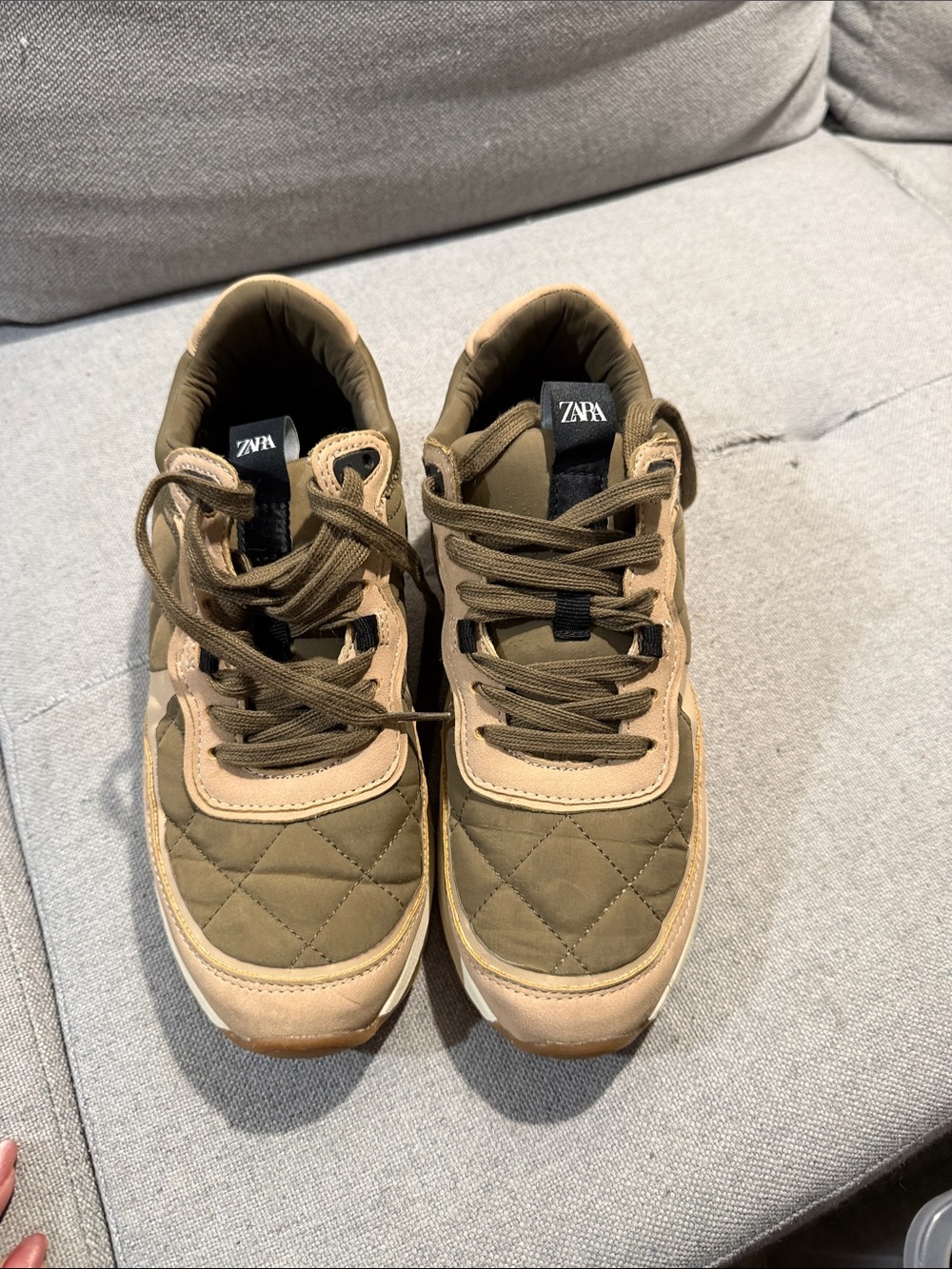 ZARA Olive Quilted Sneakers with Tan Accents